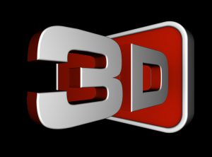 3D logo in silver and red on black background