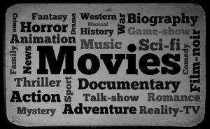 Movies word cloud on old tv screen background